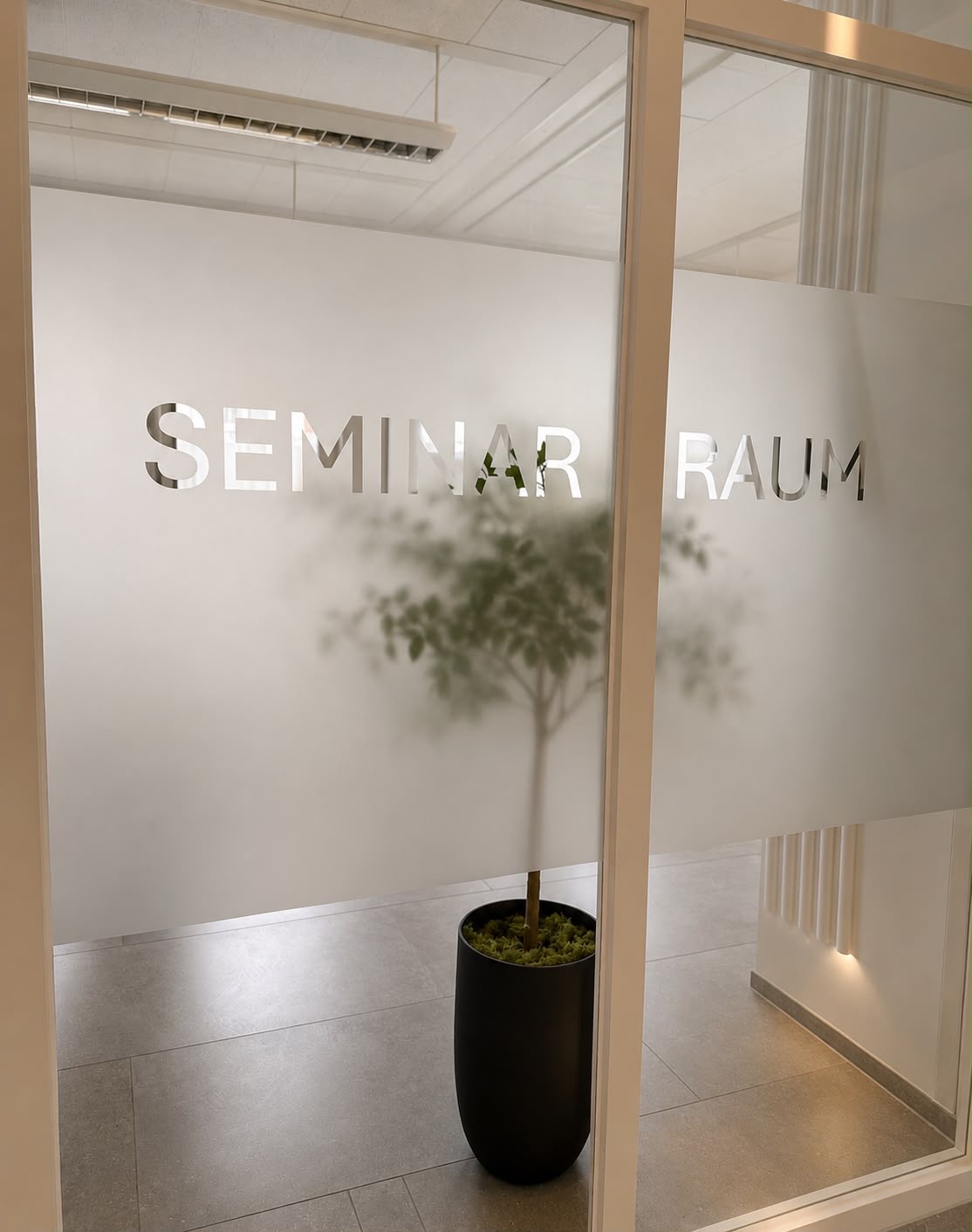 Glasfront des Seminarraums mit Beschriftung Seminarraum